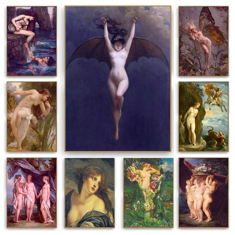 Pintura de la mujer murciélago Luna LadyGirl, diosa del amor, Albert Joseph Penot, arte de pared, lienzo impreso, póster Vintage, decoración de pared, regalo