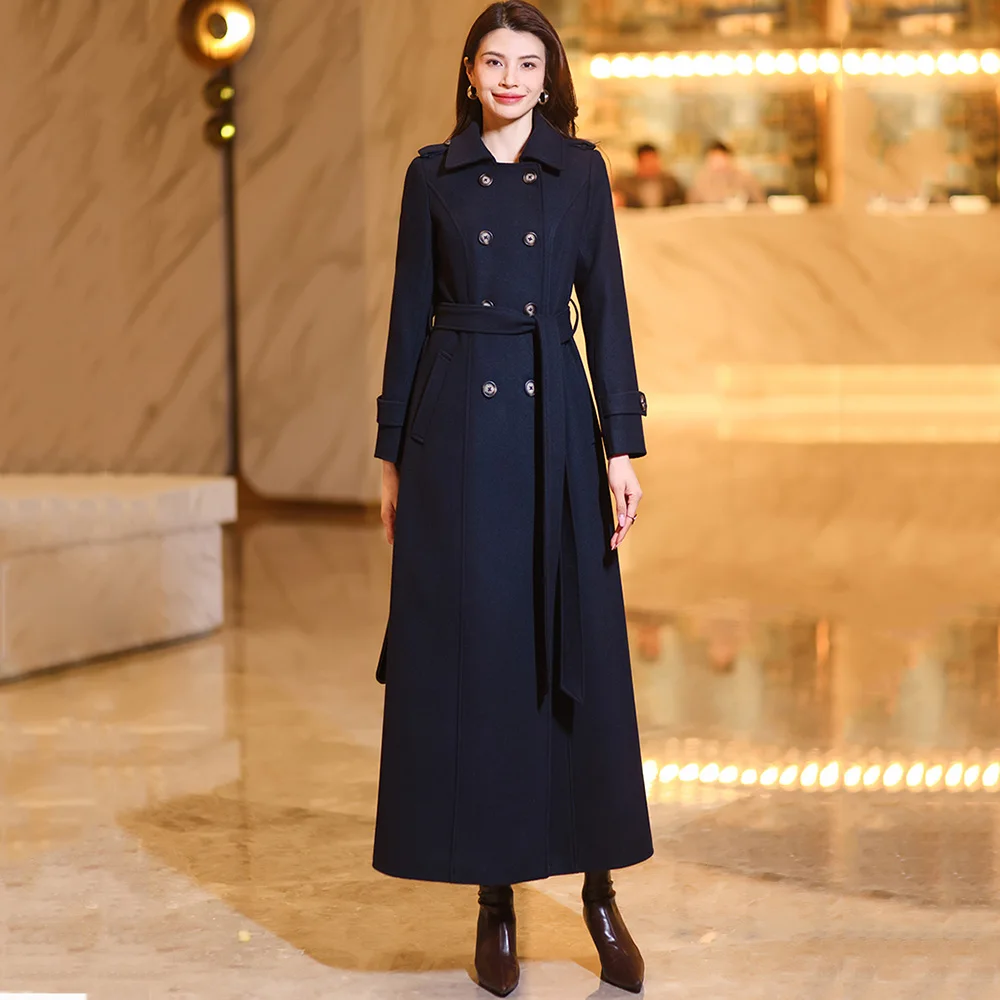 

New Women Autumn Winter Slim Woolen Coat Fashion Turn-down Collar Double Breasted Long Wool Blended Coat Elegant Black Overcoat