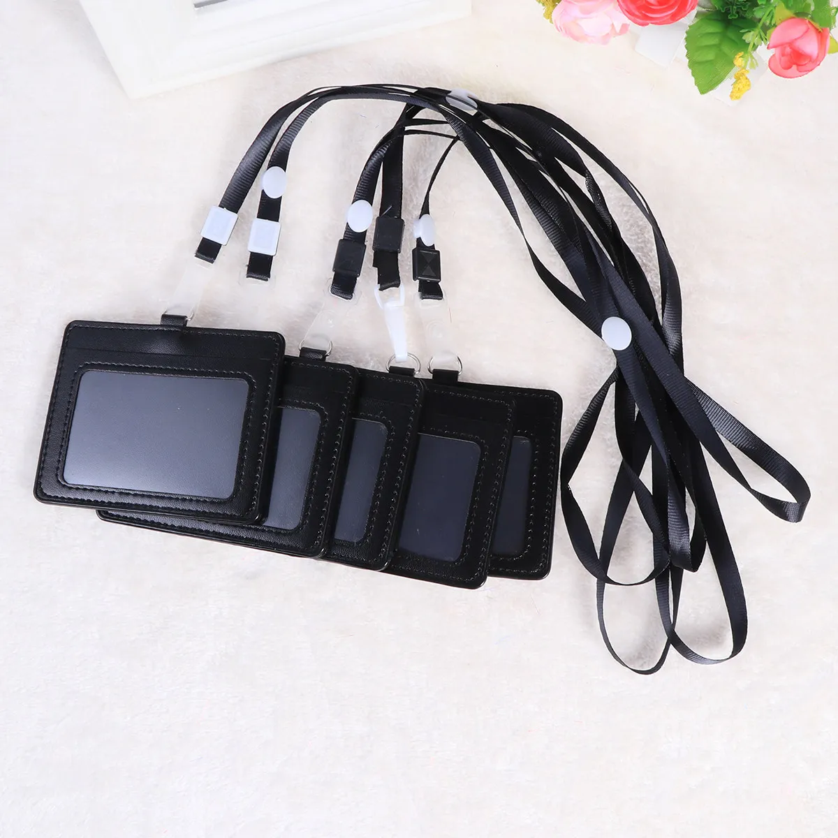 5Pcs Premium PU Id Card Holder with Clear Front Window for Business Badge Protection Student Employee Sling