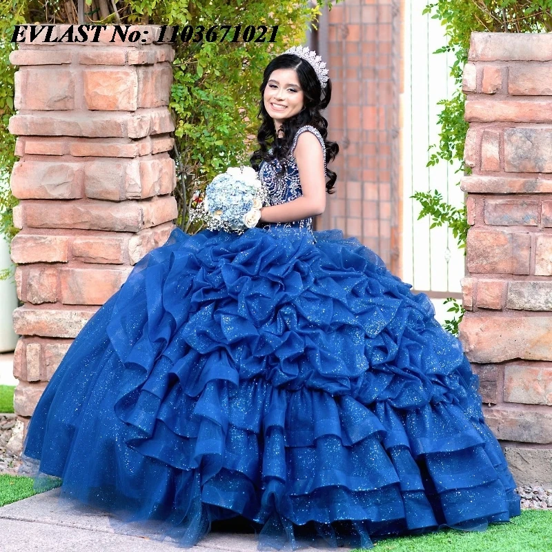 EVLAST personalizado azul marino vestido para quinceañeras vestido De baile apliques con cuentas volantes De cristal dulce 16 Vestidos De 15 Anos SQ541