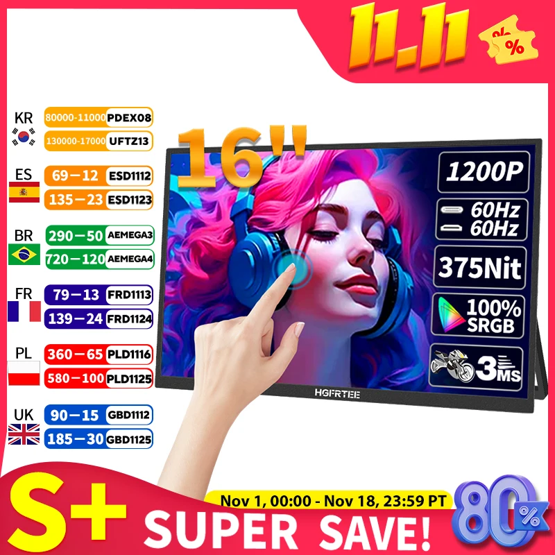 HGFRTEE 16인치 터치 휴대용 모니터 16:10 96%sRGB 350Cd/m² 노트북용 보조 화면 홀더 스탠드 포함 타입-C HDMI 호환
