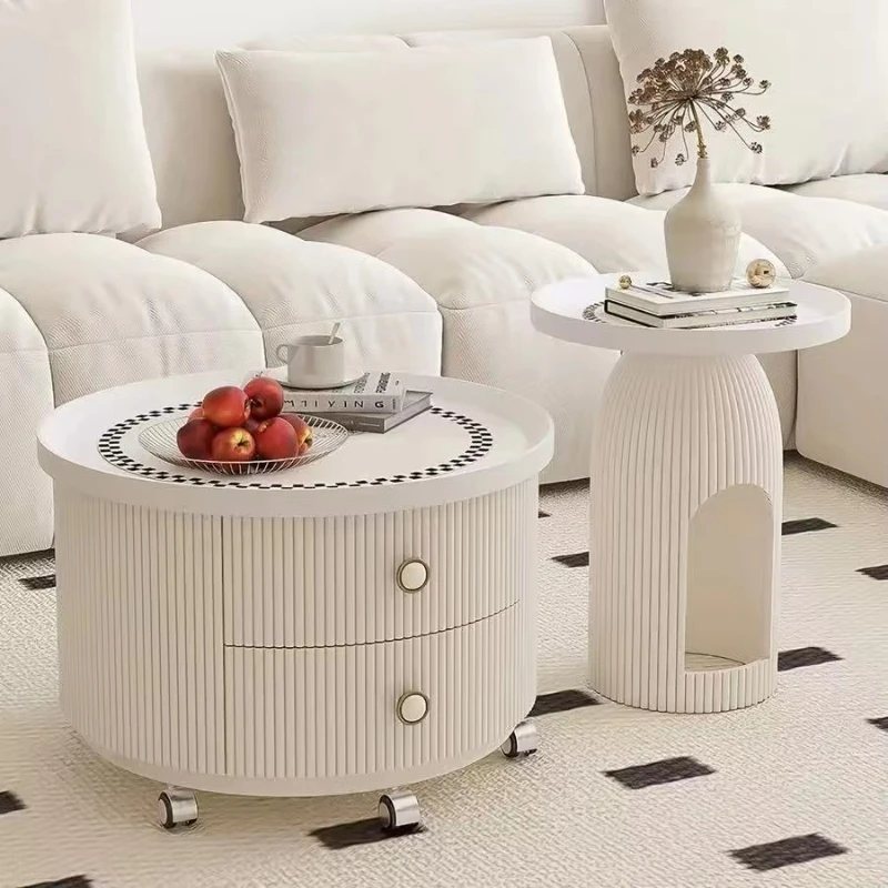 Cream Round Coffee Table Set with Drawers and Wheels