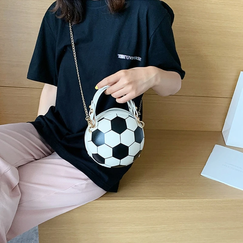 Tas tangan kulit PU bulat wanita, dompet tas selempang bahu rantai bola voli sepak, tas tangan wanita baru 2023