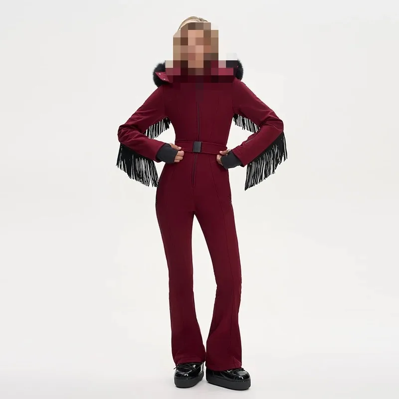 2022 Herbst und Winter neuer Damenbekleidungsanzug, Ski-Baumwollanzug mit Kapuze und Fransengürtel für Damen