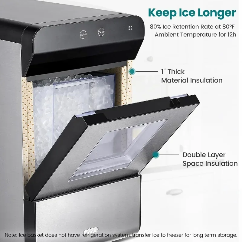 Pebble Countertop Gemi Nugget Ice Maker com janela de visualização, máquina de auto-limpeza, abrir e despejar refil de água, inoxidável