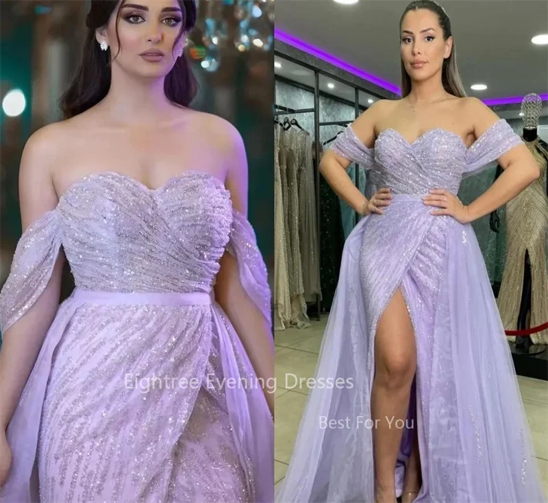 Eightree Luxury Purple Sexy Mermaid Evening Dresses Glitter Off Shoulder Arabic Women Prom Gowns Sequined High Split Party Dress