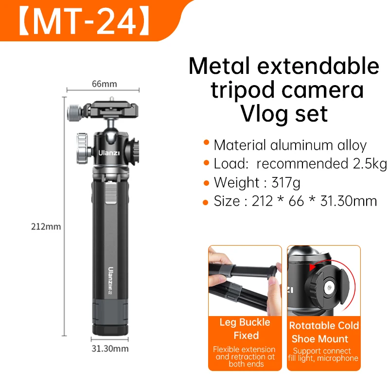 Ulanzi MT-24 Vlog Lite Metal Tripod With Ballhead Extendable 1/4'' Tripod Monopod Cold Shoe Arca Quick Swiss 2.5KG Max Load image 3