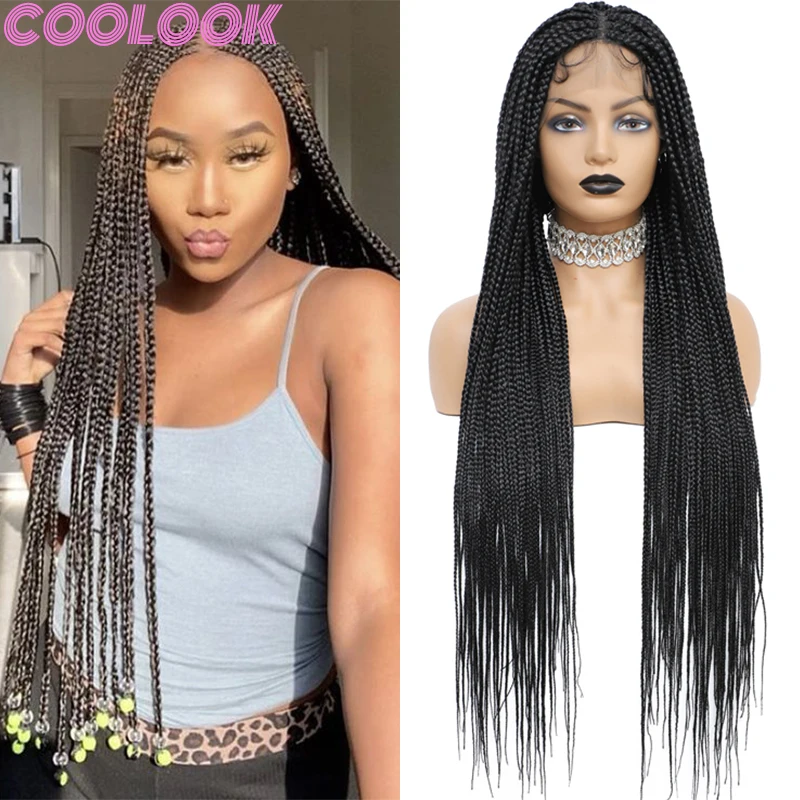 Synthetic Long Full Lace Box Braid Wig Fringe with Bangs Knotless Braids Lace Frontal Wigs 36'' Box Braided Wigs for Black Women