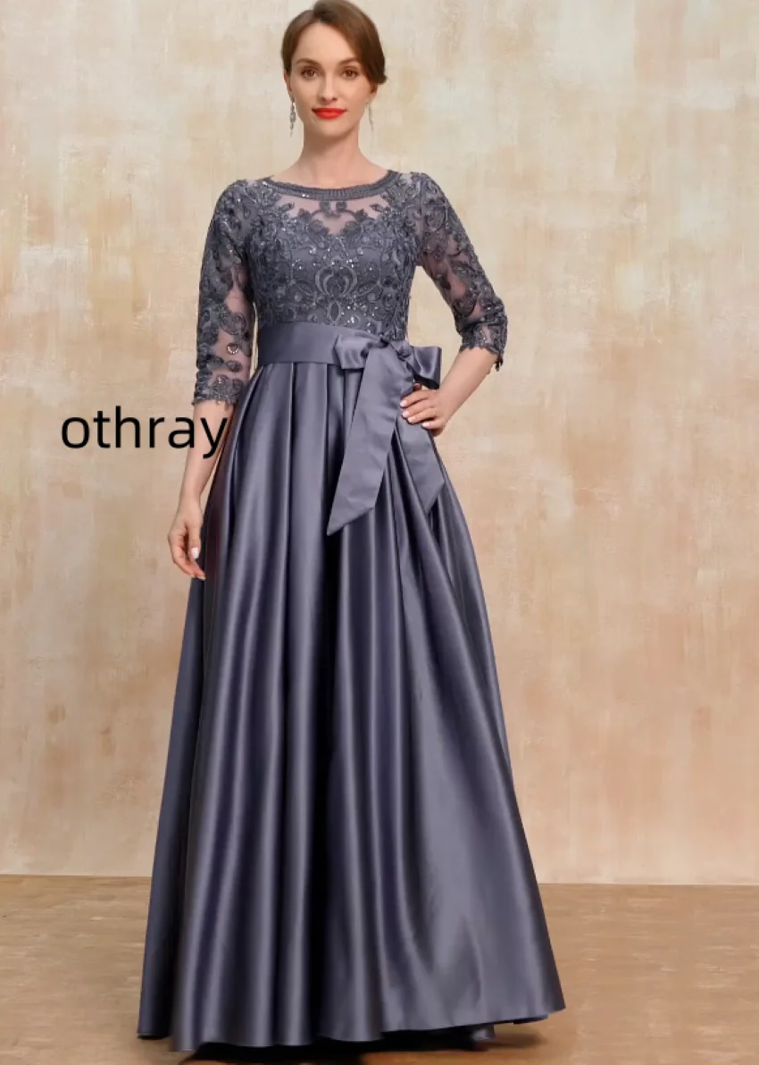 Othray A-line Scoop Illusion Floor-Length Lace Satin Mother of the Bride Dress With Bow Sequins vestidos de novia 2024