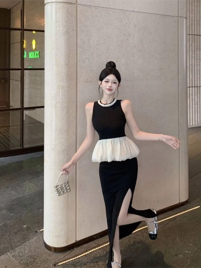 

Sweet Hot Girl Sexy Suit Women's Summer Splicing Diamond Sleeveless Tank Top Split Hip Wrapping Long Skirt Fashion Two-piece Set