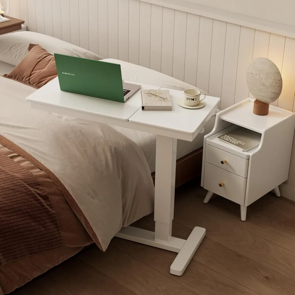 

Solid Wood Overbed Bedside Table with Wheels,Adjustable Height Bed Side Table Hospital Bed Table Bed