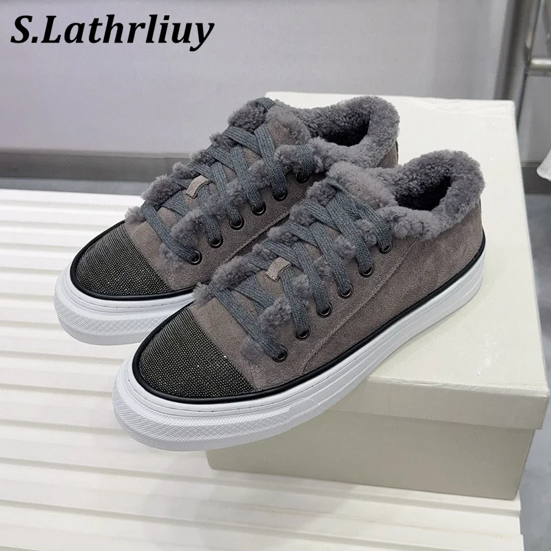 Women Round Toe Flat Shoes Winter Suede Thick Bottom Lace Up Warm Shoes Fashion Casual Versatile Beaded Decorative Board Shoes
