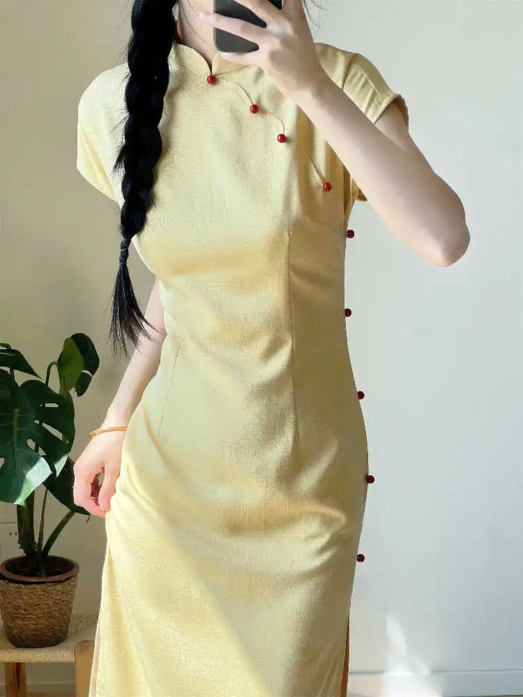 

Новое китайское желтое платье для девочек-подростков, летнее, 2025 года, белое, укороченное, миди, для