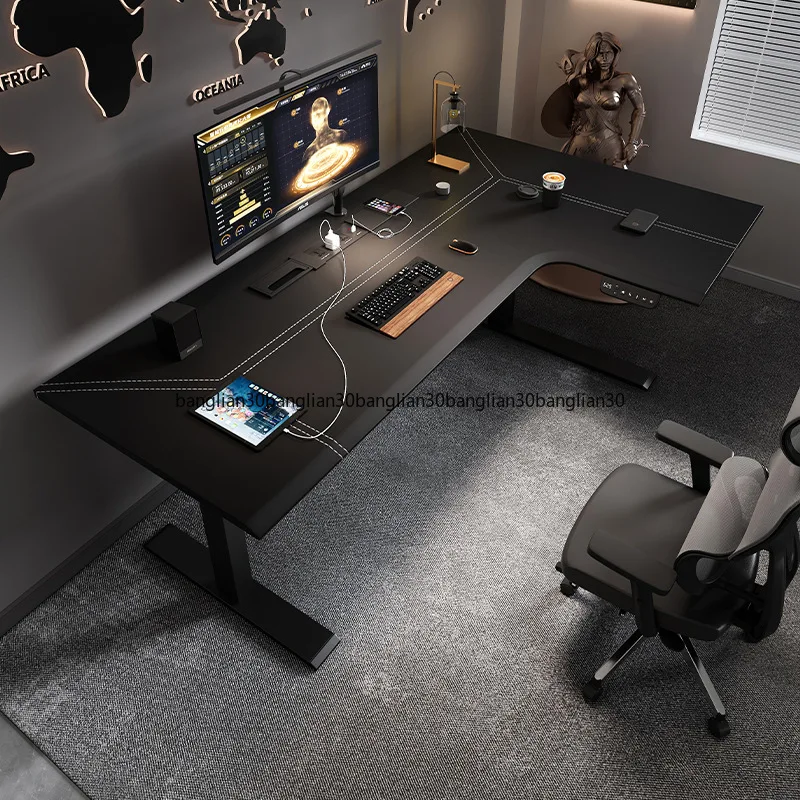 Corner electric lift table L-shaped corner leather solid wood household computer desk Study desk