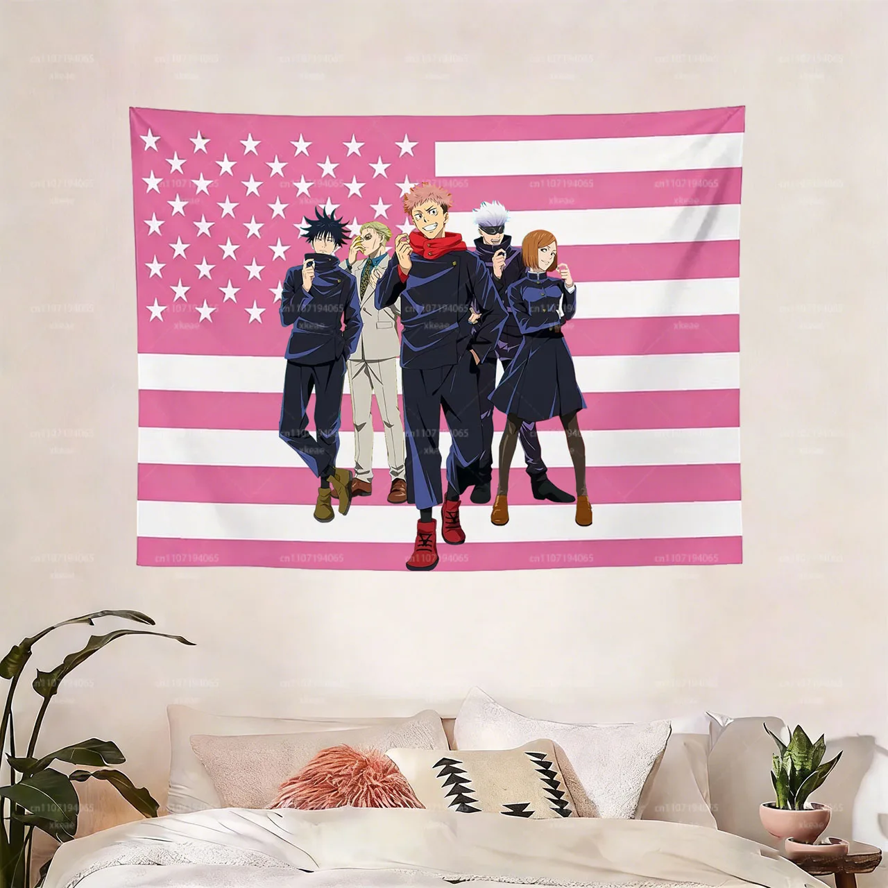 Jujutsu Kaisen Team Wandteppich, Rosa Amerikanische Flagge Anime Wandbehang, Wohnheim- & Schlafzimmerdekoration für JJK-Fans, Einzigartiger Flachdruck-Wandbehang