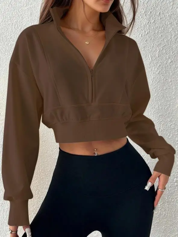 

Slim Fit Women's Hoodie Brown Stand Up Collar Zipper for Spring and Autumn Simple Sports Style Versatile Casual Long Sleeved Top