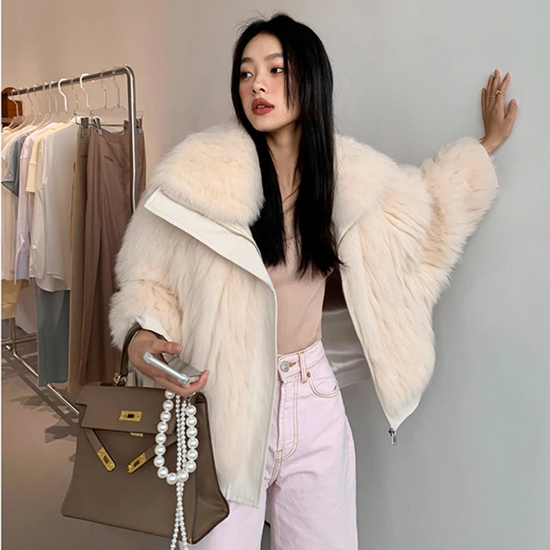 Imported Fox Fur Women's Coat Winter Short Casual Large Lapel Full Pelt Outerwear Fashion Solid Batwing Sleeve Real Fur Jac