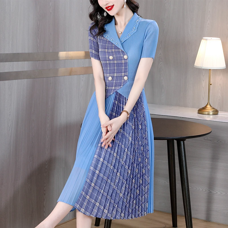 2023 Summer New Three Mansions Pleated Mid length Dress Young and Fashionable, Slim and Gentle, Magic Dress Women's Robe