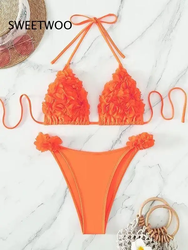 Ladies 3D Flower Applique Halter Bikini Top Side Floral Detail Bikini Bottom Two Piece Swimwear for Seaside Holiday