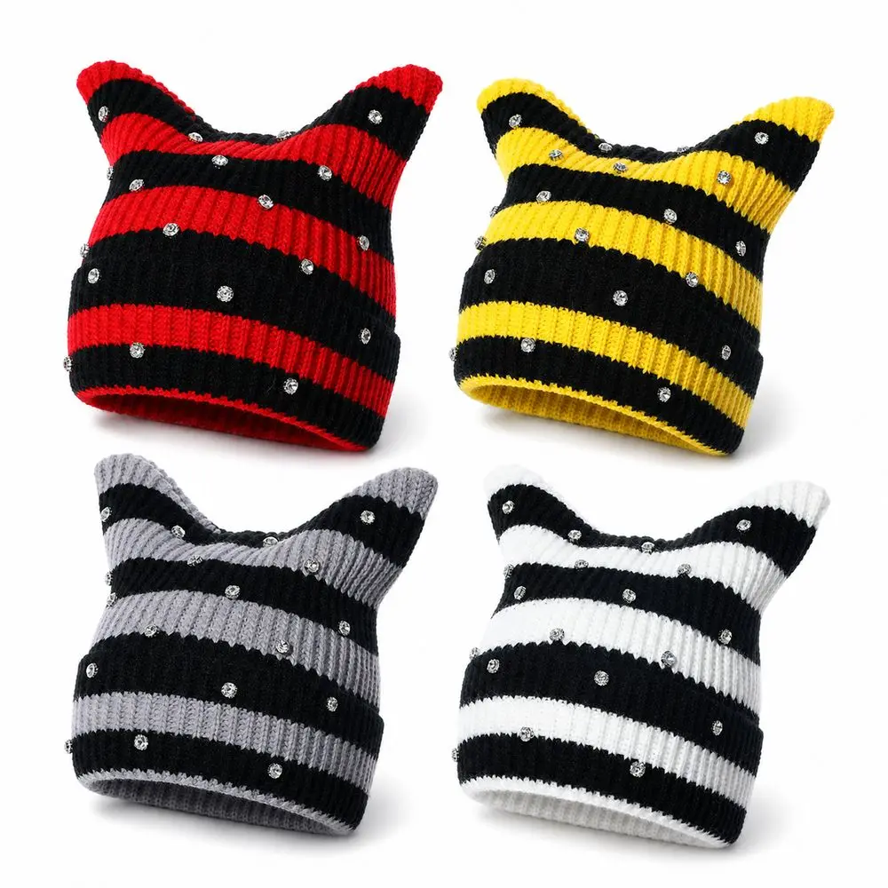 Gifts Yarn Cat Ear Beanie Crystal Y2K Harajuku Knitted Beanie Hat Punk Gothic Stretchable Knit Striped Hat Women and Men