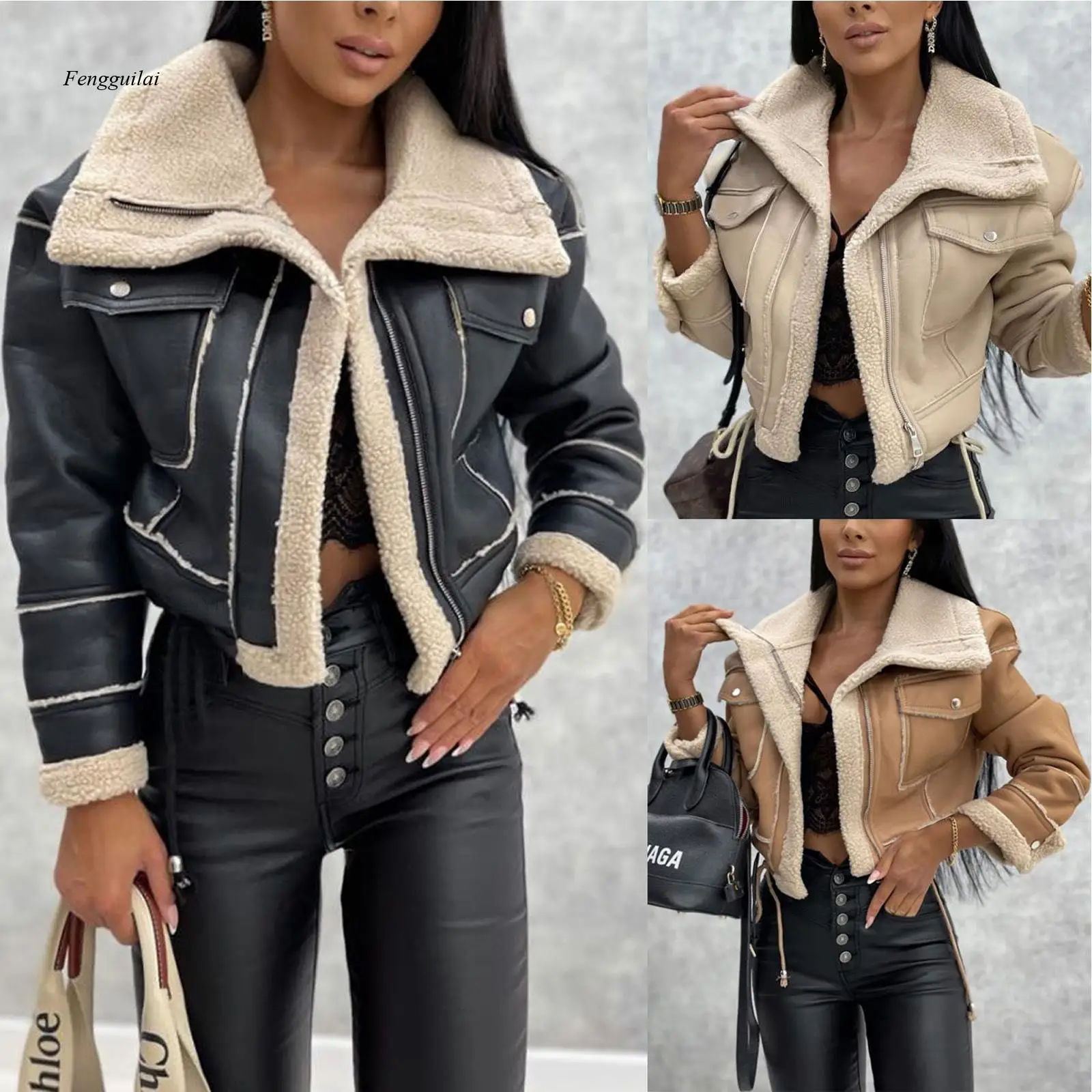 Chaqueta Moto de Mujer con Cuello de Borrego Sintético - Abrigo Corto de Cuero Sintético Estilo Biker con Ribete de Forro Polar en Contraste para Streetwear