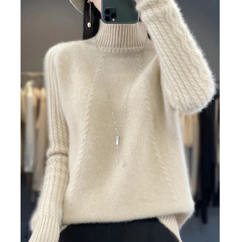 100% Merino Wool Stylish Turtleneck Sweater Women Tops Solid Color Knit Clothe Autumn Winter New Loose Casual Commute Pullover