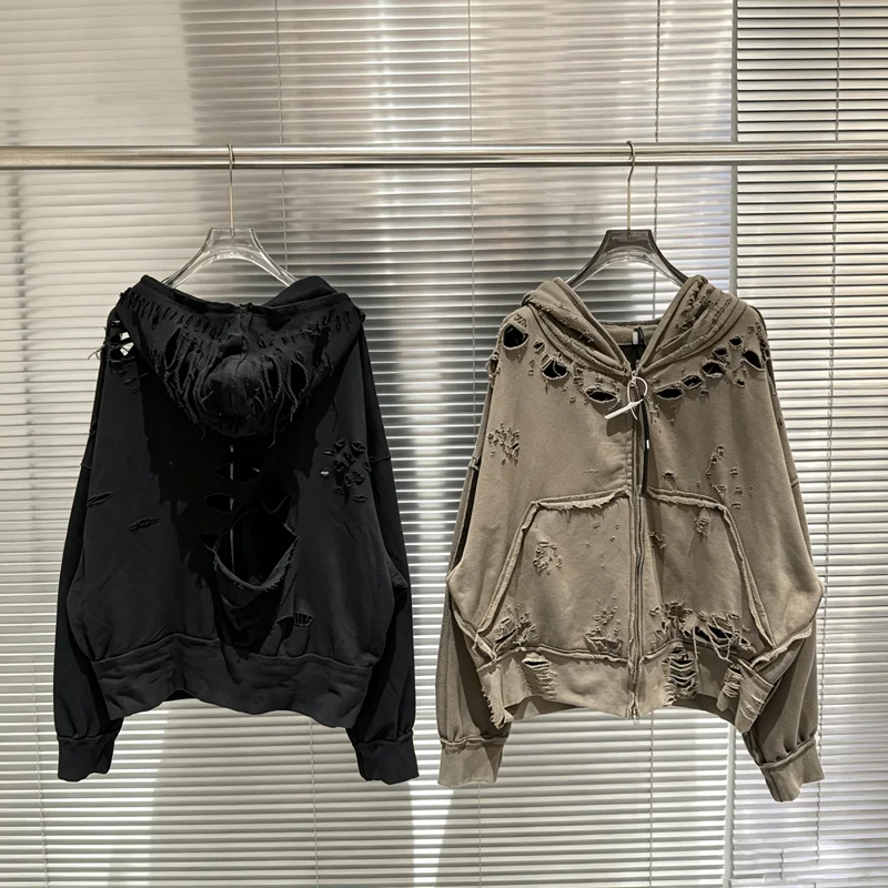 Casual Streetwear Hip Hop Destroy Corroded Zipper Hoodie Men Women High Quality Washed Distressed Loose Hooded Jacket Pullovers