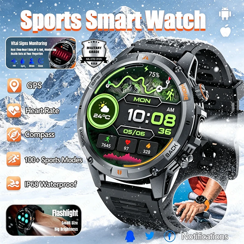 

2026 New Outdoor Sports Smart Watch GPS Compass Heart Rate Flashlight Bluetooth Call Message Notification Sleep Men Smart Watch