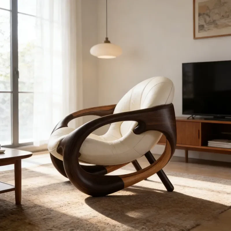 Modern Curved Accent Chair - Premium Leather Upholstered with Solid Walnut Wood Frame