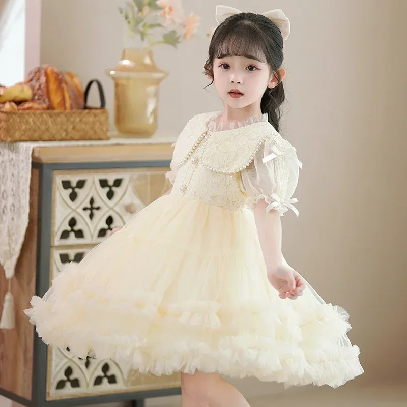 Vestido de fios macios infantil, vestido de princesa para menina, elegante, verão, 1 ° desempenho, novo