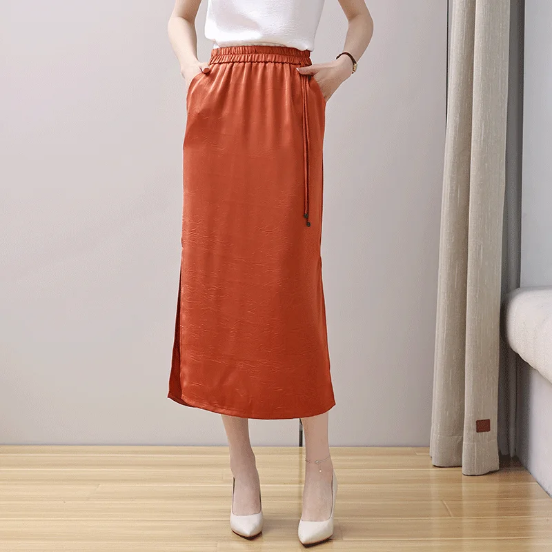 

Fashionable new summer skirt mid-length skirt women's elastic waist split fashionable black versatile straight skirt