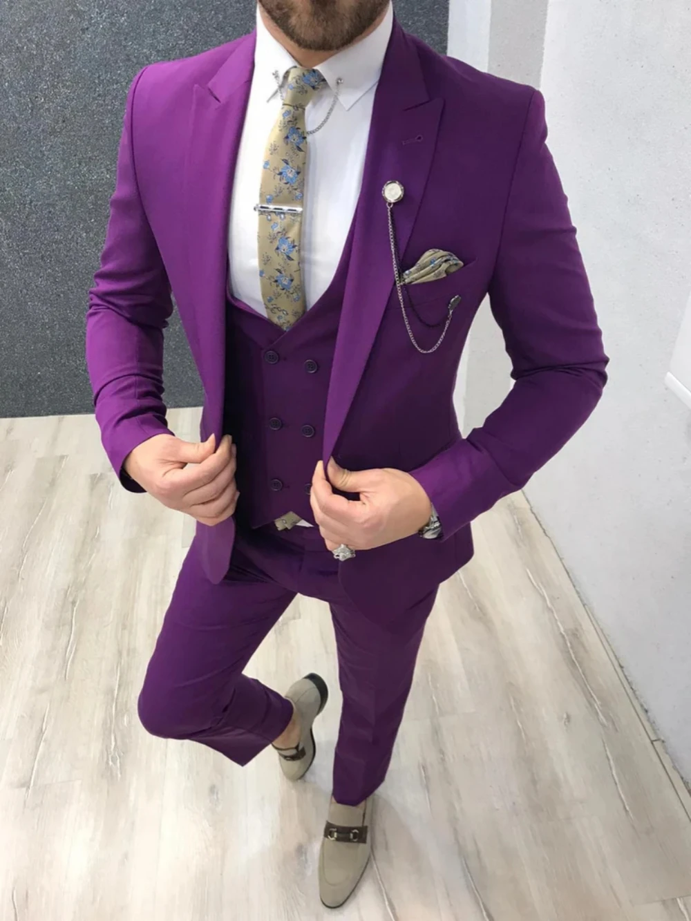 Fashionable Purple Man Suit Set 3 Pieces Jacket Vest Pants Party Prom Wear Men's Slim Fit Suits Handsome Tuxedo For Men On Sale
