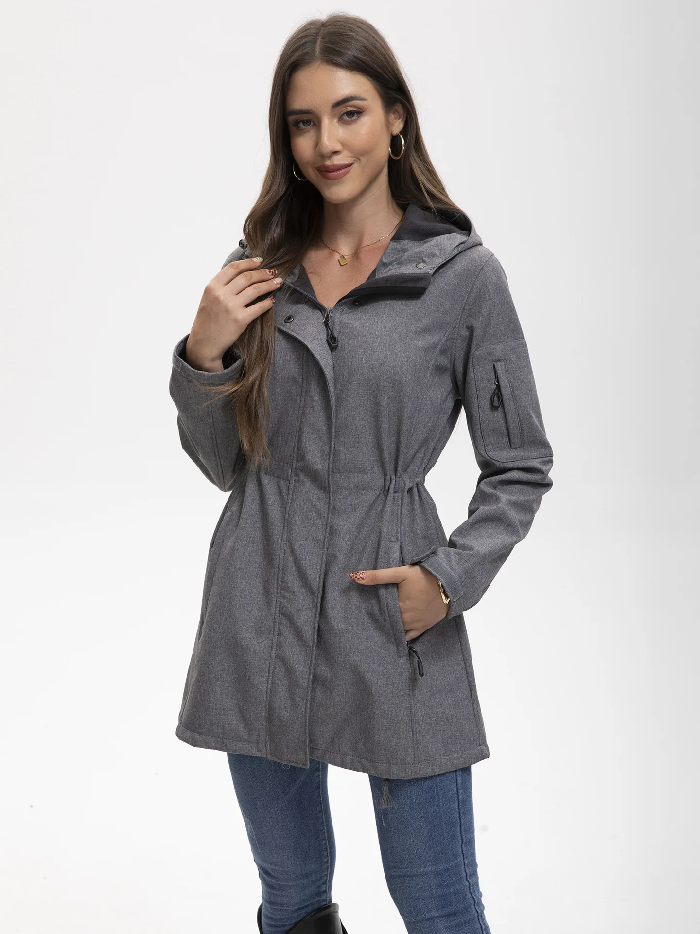Women's Hooded Fleece Jacket Multi-Pocket Windbreaker Fashionable Autumn Winter Wear