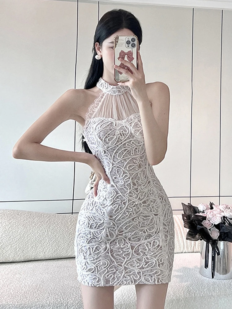 

New Summer Lace Short Evening Dress Women Clothing Chic White Sexy Halter Wrap Hip Mini Party Prom Birthday Mujer Vestido Fiesta