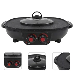 Double Control Roasting Pot Electric Barbecue Hotpot Oven Grill Teppanyaki Smokeless Hot Pot Machine BBQ Black Pot with Triangle