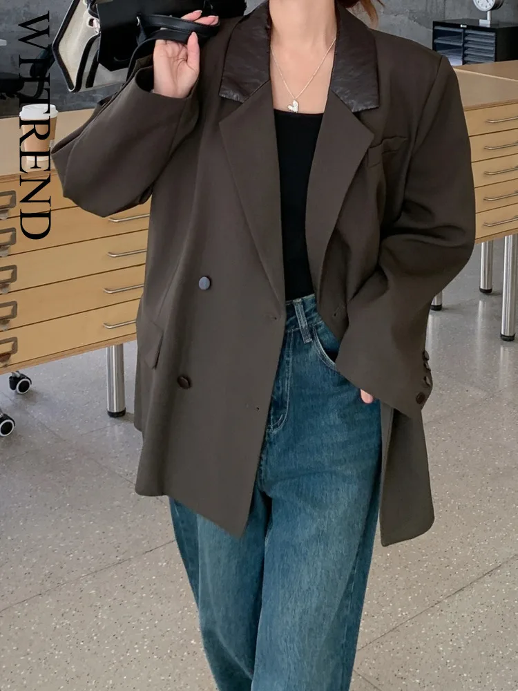 

WHTREND Casual Patchwork Blazer For Women Notched Collar Long Sleeves Double Breasted Loose Jacket Coats Office Lady WH1428