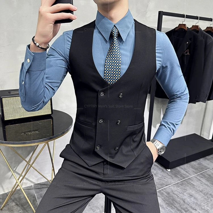 Men's Double-Breasted High-End Wedding British Business Suit Slim Fit Vest Groomsman Brother Casual Formal Wear