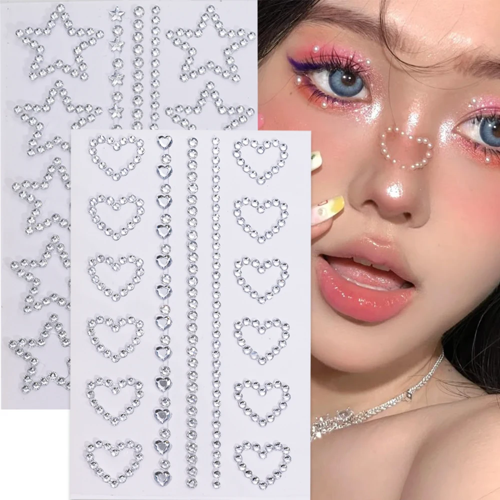 

2 шт./компл. блестящие кристаллы для лица, наклейки с драгоценными камнями, 3D наклейки в форме сердца и звезд, стразы для Хэллоуина, украшения для макияжа, лицо, бриллиант