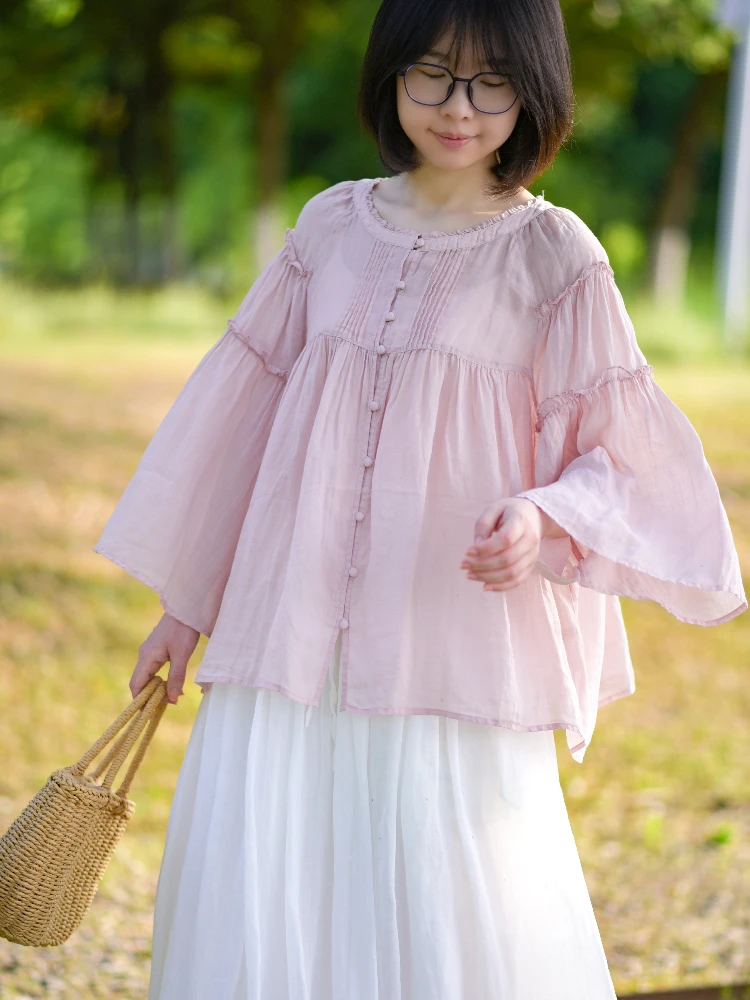 

Sweet Gingham Plaid Bell Sleeve Shirt Wooden Pleats Thin Button Closure Loose Fit round Neckline Cotton Linen Spring Summer