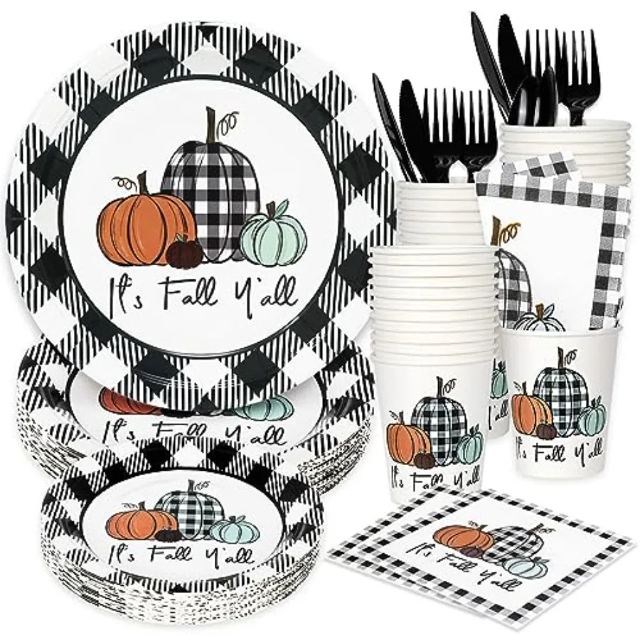 

175Pcs Fall Thanksgiving Tableware Set with Buffalo Plaids and Pumpkin Designs for Autumn Celebrations Includes 50Pcs Paper Pla