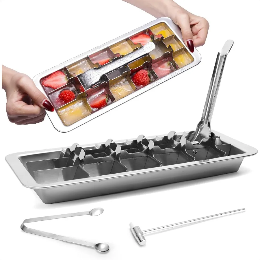 

Stainl Steel Ice Cube Trays Metal Ice Cube Trays for Freezer Inspired Design with Release Lever Remove Handle for Making Large