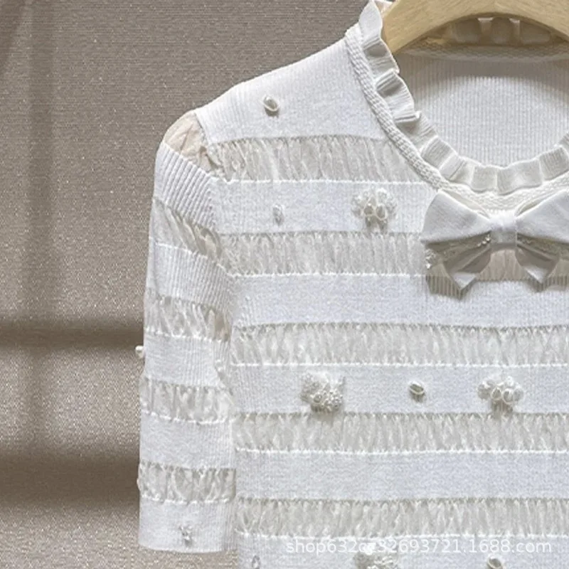 2025 Summer New White Bead bow Knitted Short-sleeve Tshirt Top Fashion Casual Versatile Women's High-end Elastic KnitwearT-shirt