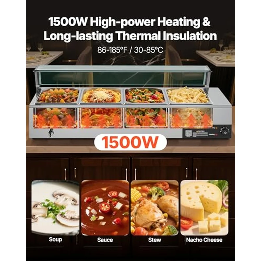 Commercial Food Warmer 1500W Electric Stainless Steel Steam Food Warmer with Glass Cover 4 Pan Countertop Buffet Bain