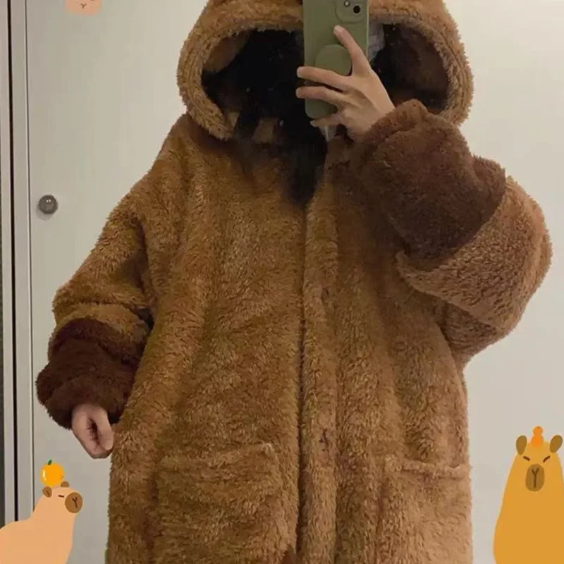 Capybara Pajamas Cosplay Cute Brown Jumpsuit Fluffy Coral Velvet Adult Children Pajamas Thick Plush Pajamas Spring Home Clothing