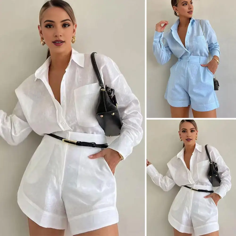 2024 Mode Losse Casual Lange Mouwen Korte 2 Stuk Voor Vrouwen Revers Shirt Hoge Taille Korte Broek Pak Lente Highstreet Lady Outfit