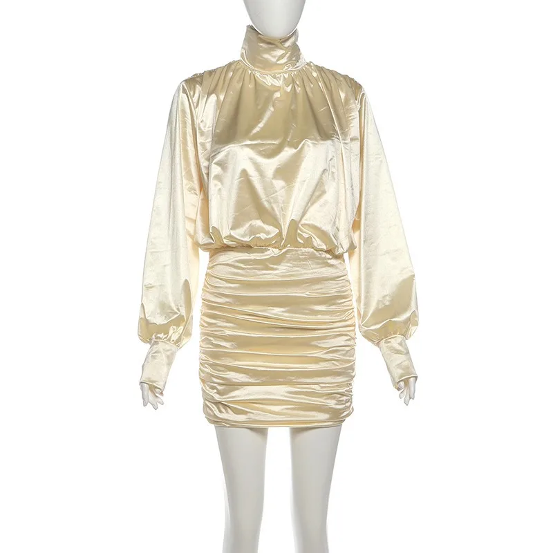 シャーリングボディコンミニドレス女性エレガントなタートルネックランタン長袖背中の開いたパーティー衣装オフィスレディハイストリート Vestidos