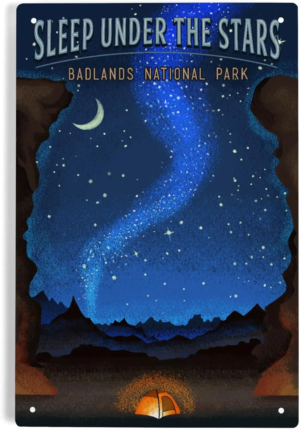 1q,Lantern Press 6x9 Inch Metal Sign, Badlands National Park, South Dakota, Sleep Under the Stars, Tent and Night