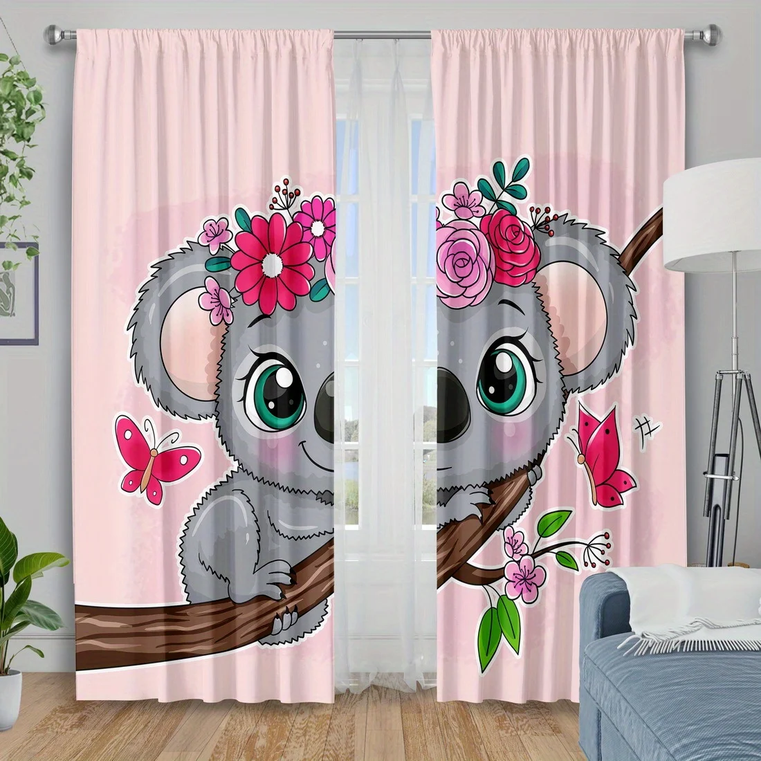 2pc Koala and floral patterned curtains, machine washable polyester, suitable for bedroom and living room décor.
