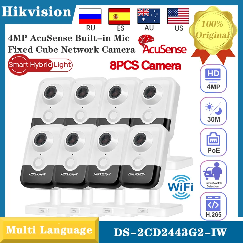 8 Stück DS-2CD2443G2-IW WIFI Cube POE IP-Kamera mit Linienüberschreitungs- und Einbruchserkennung, 2-Wege-Audio, Video-CCTV-Kamera, unterstützt keine Webversion