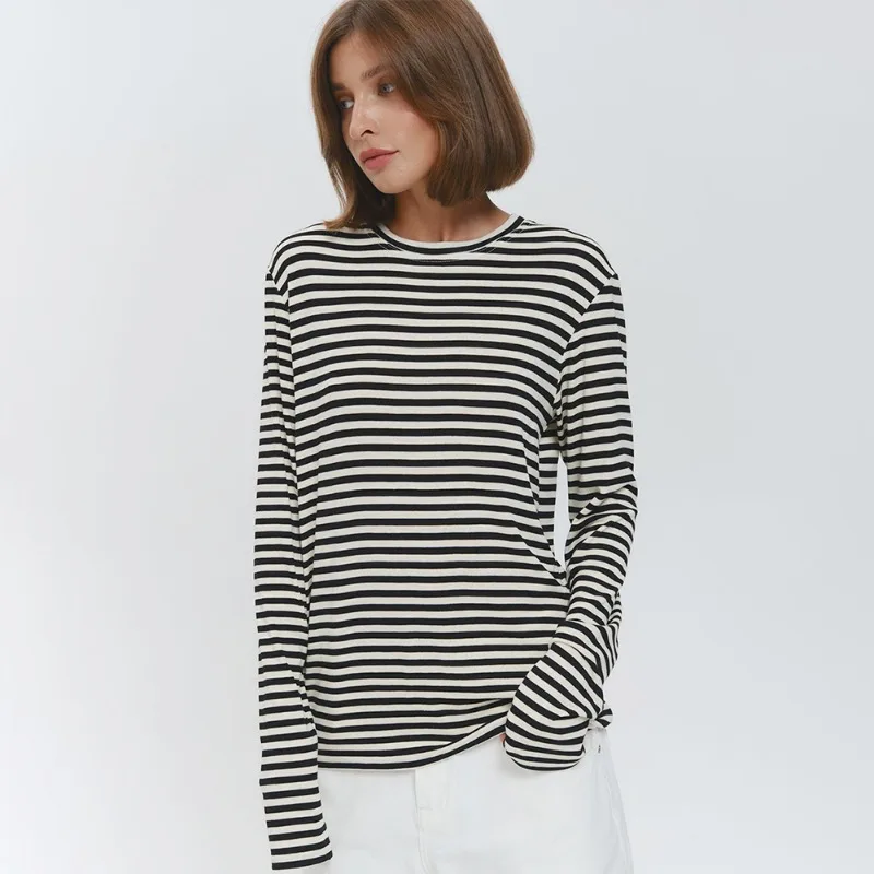 

Tuularose Female Casual T-Shirt Fashion Stripe Long Sleeve Bottom Shirt Loose Commuter Pullover Top Autumn Streetwear Women Tops